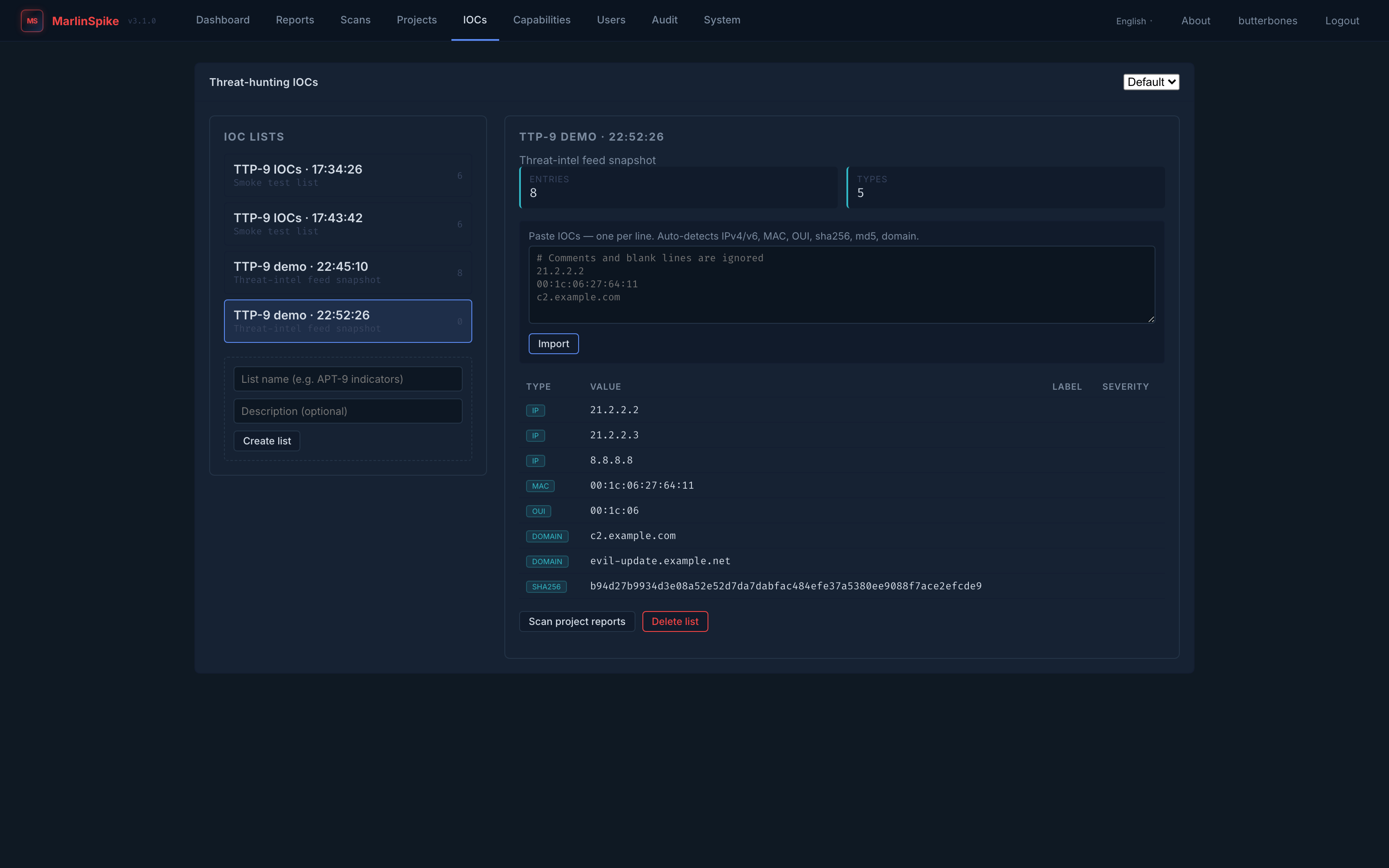 IOC management page with paste-bulk import and per-report match table